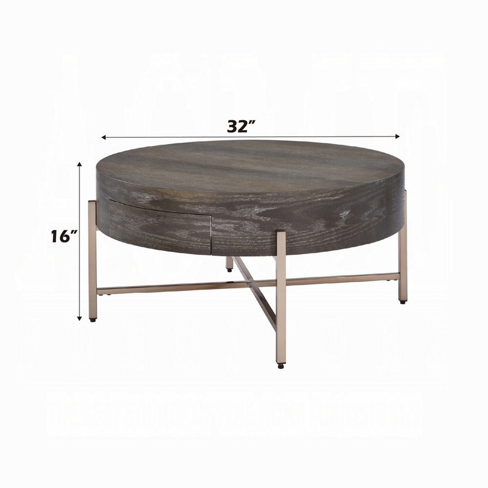 Benjara 1 Drawer Round Modern Coffee Table with Crossed Metal Legs, Brown And Gold