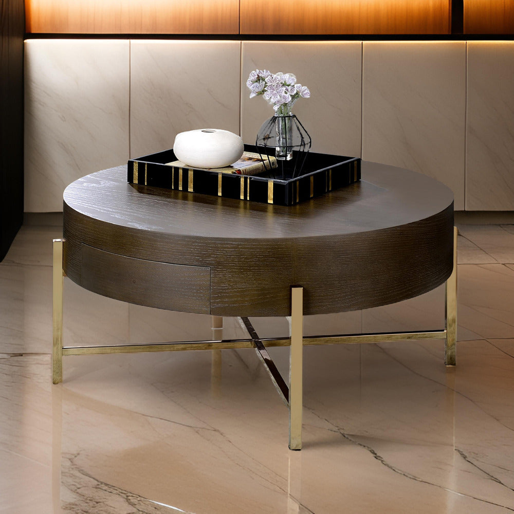 Benjara 1 Drawer Round Modern Coffee Table with Crossed Metal Legs, Brown And Gold