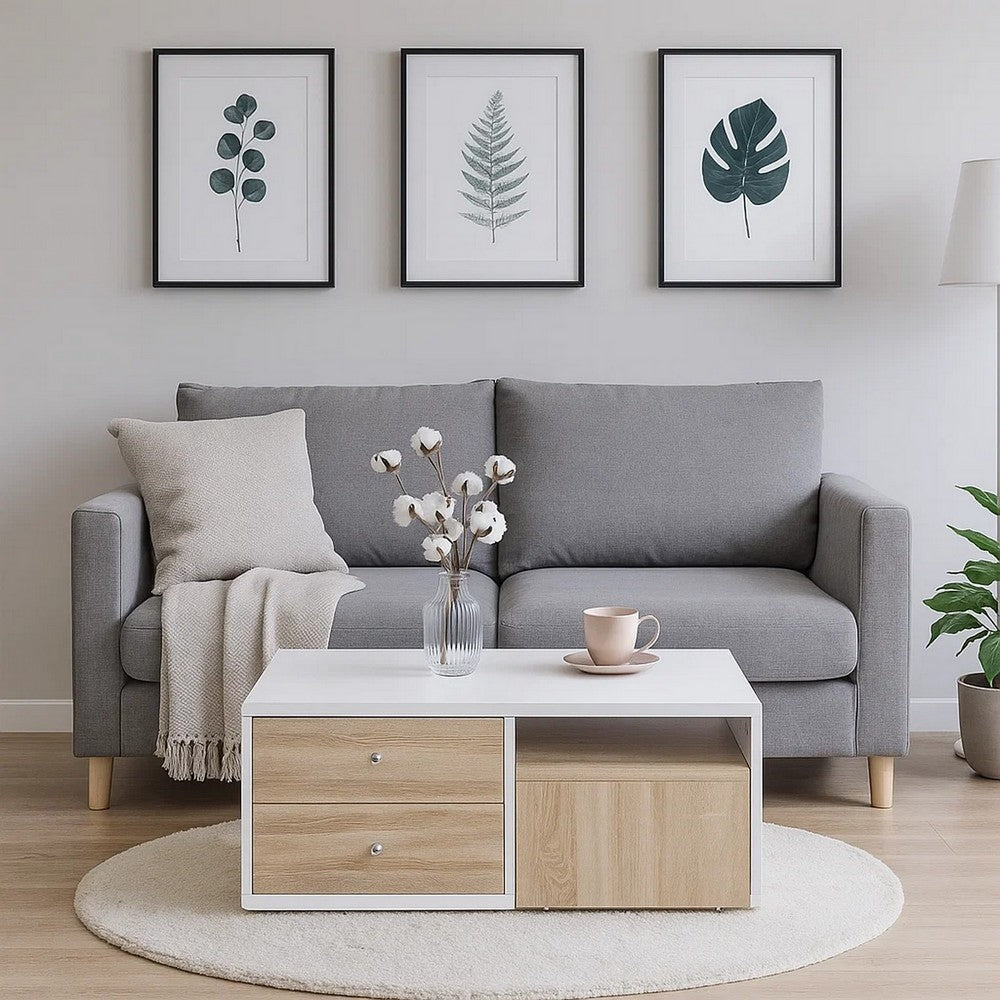Benjara 2 Drawer Contemporary Coffee Table with Pull Out Table, White And Brown