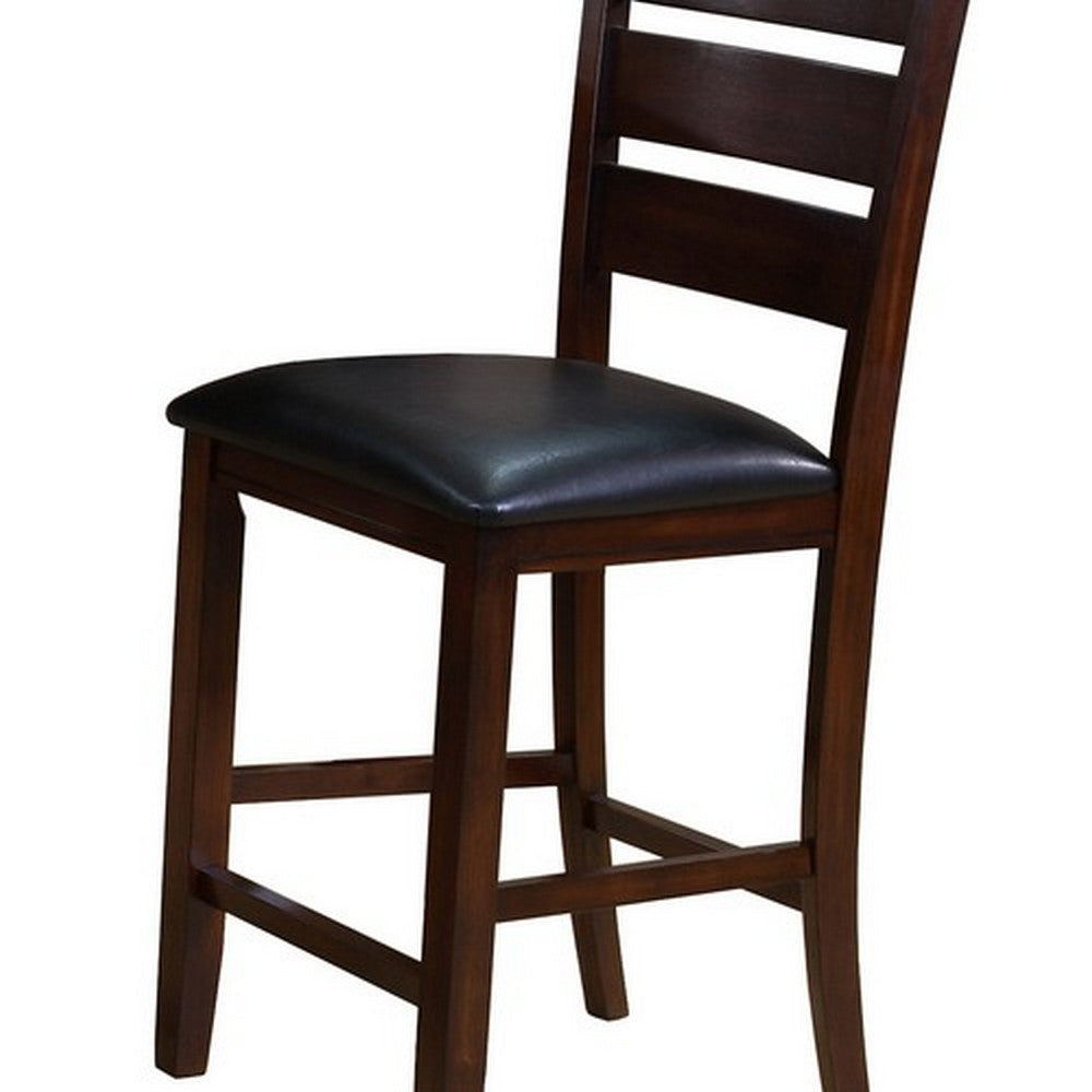 Benjara Leatherette Wooden Counter Chair with Ladder Back, Set of 2, Brown