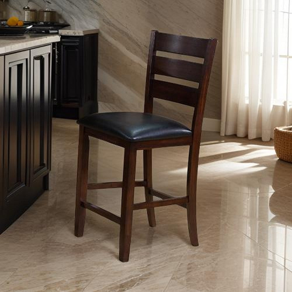 Benjara Leatherette Wooden Counter Chair with Ladder Back, Set of 2, Brown
