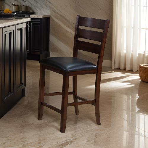Benjara Leatherette Wooden Counter Chair with Ladder Back, Set of 2, Brown