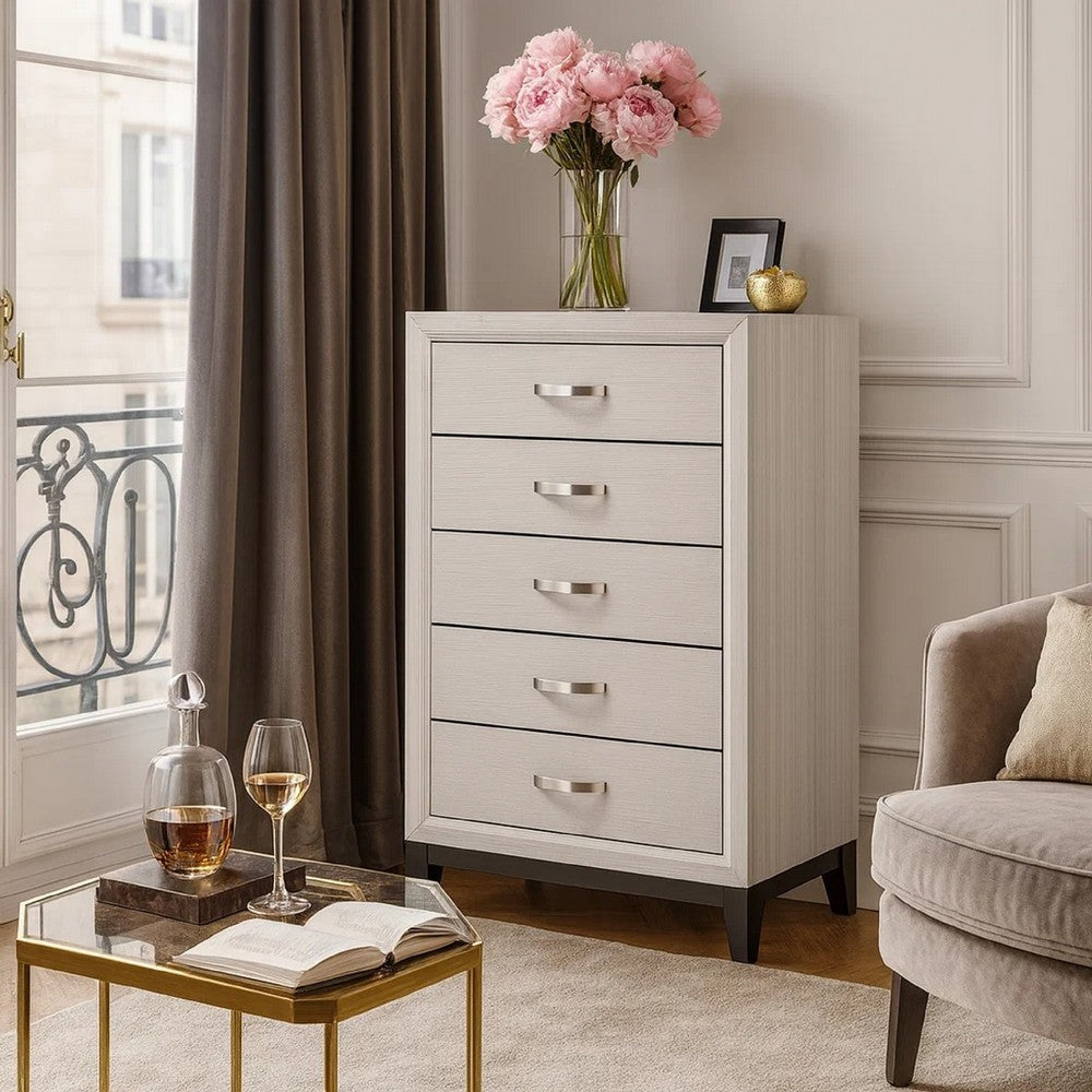 Benjara Transitional 5 Drawer Chest with Curved Handle And Chamfered Feet, White
