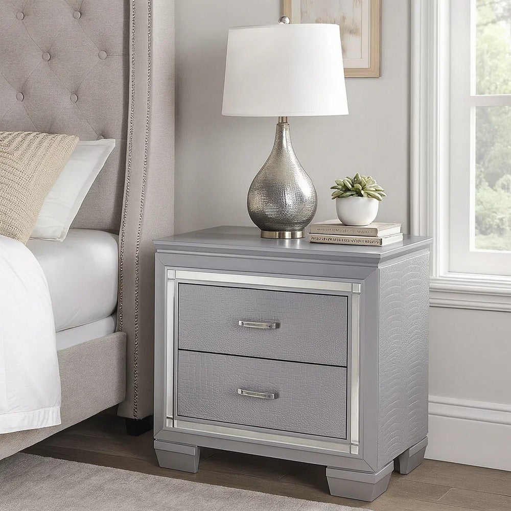 Benjara Two Drawer Wooden Nightstand with Textured Details And Mirror Accents, Gray
