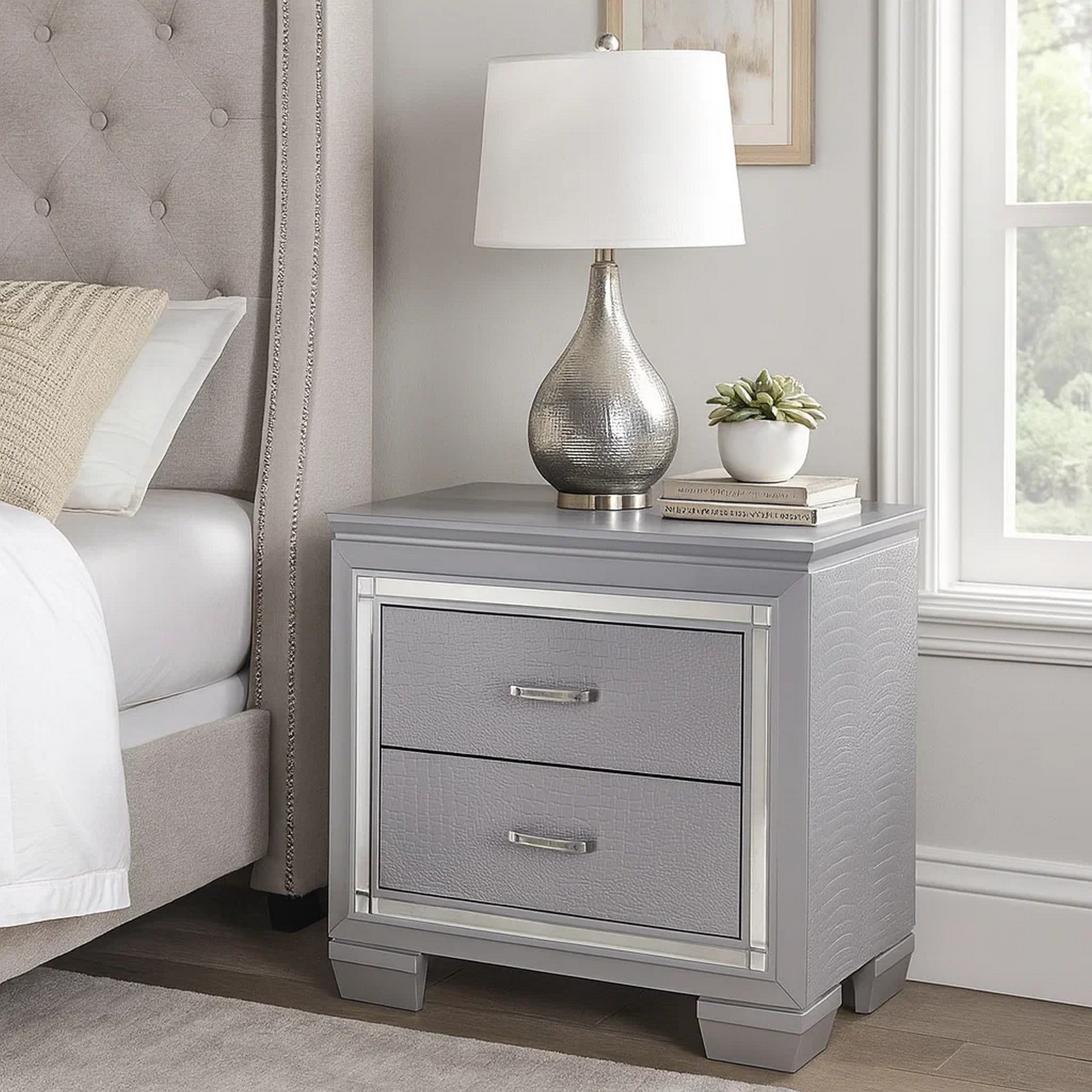 Benjara Two Drawer Wooden Nightstand with Textured Details And Mirror Accents, Gray