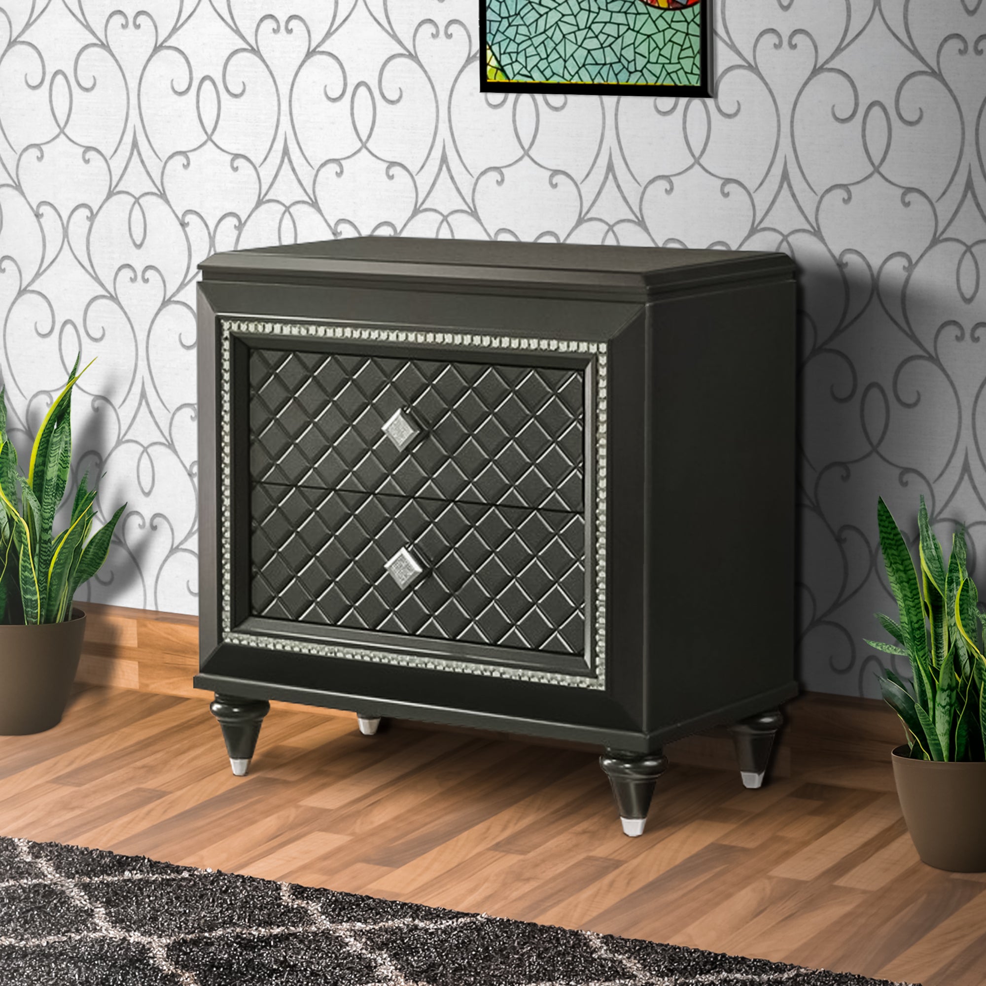 Benjara Wooden Two Drawer Nightstand with Carved Details And Knobs, Black
