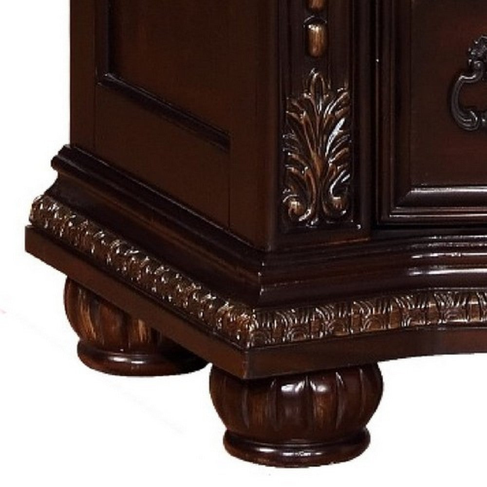Benjara Sany Wooden Nightstand with Three Spacious Drawers And Bun Feet, Cherry Brown