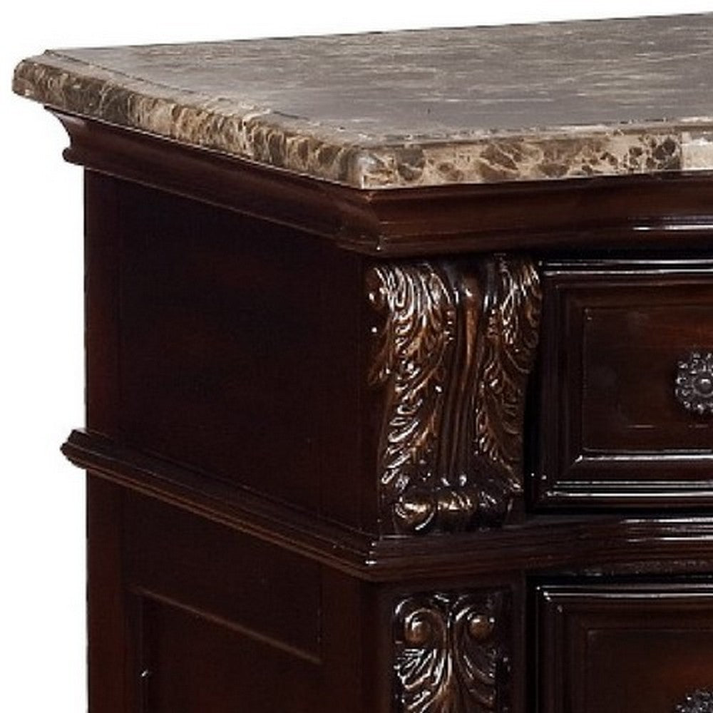 Benjara Sany Wooden Nightstand with Three Spacious Drawers And Bun Feet, Cherry Brown