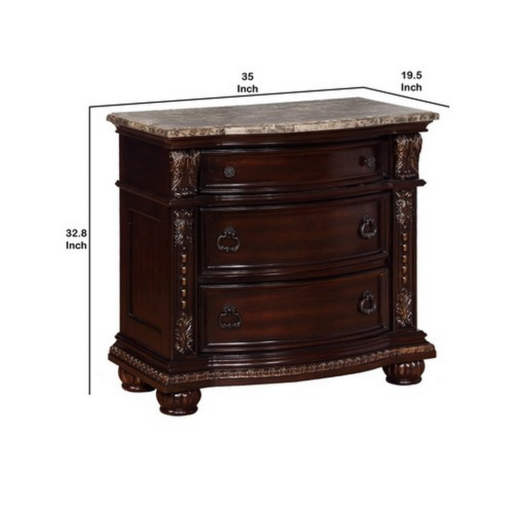 Benjara Sany Wooden Nightstand with Three Spacious Drawers And Bun Feet, Cherry Brown