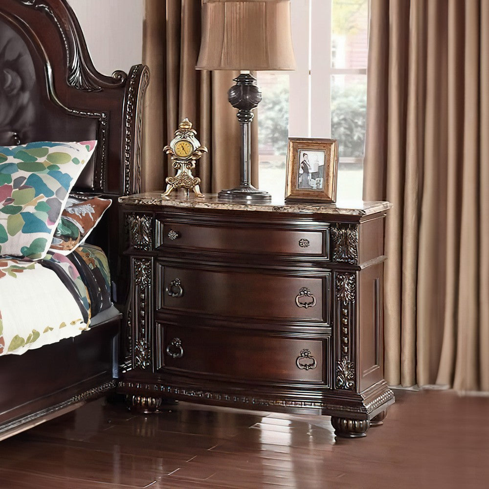 Benjara Sany Wooden Nightstand with Three Spacious Drawers And Bun Feet, Cherry Brown