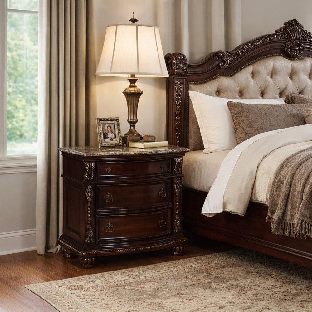 Benjara Sany Wooden Nightstand with Three Spacious Drawers And Bun Feet, Cherry Brown