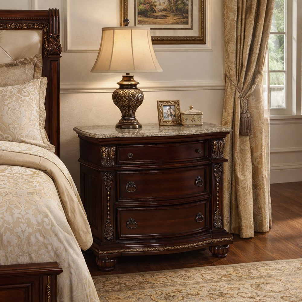 Benjara Sany Wooden Nightstand with Three Spacious Drawers And Bun Feet, Cherry Brown