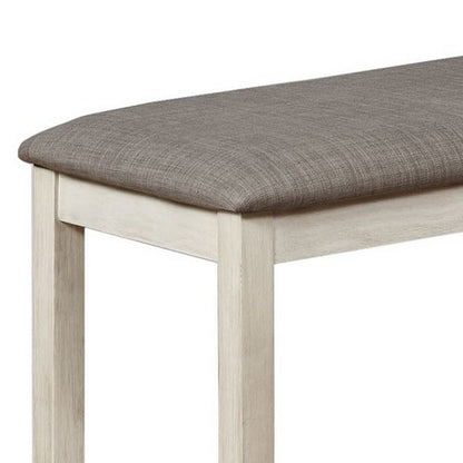 Benjara Wooden Bench with Fabric Upholstered Seat And Chamfered Legs,White And Gray