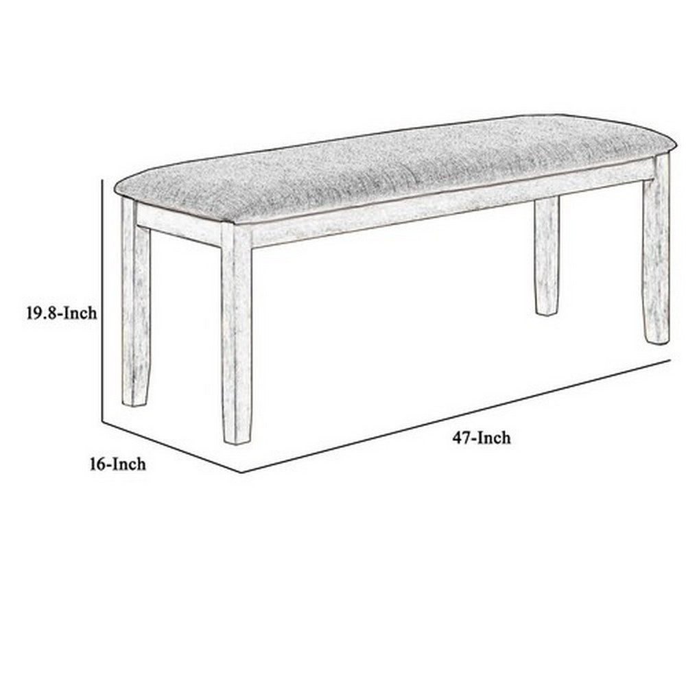 Benjara Wooden Bench with Fabric Upholstered Seat And Chamfered Legs,White And Gray