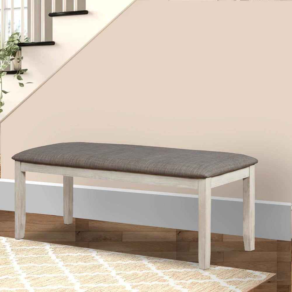 Benjara Wooden Bench with Fabric Upholstered Seat And Chamfered Legs,White And Gray
