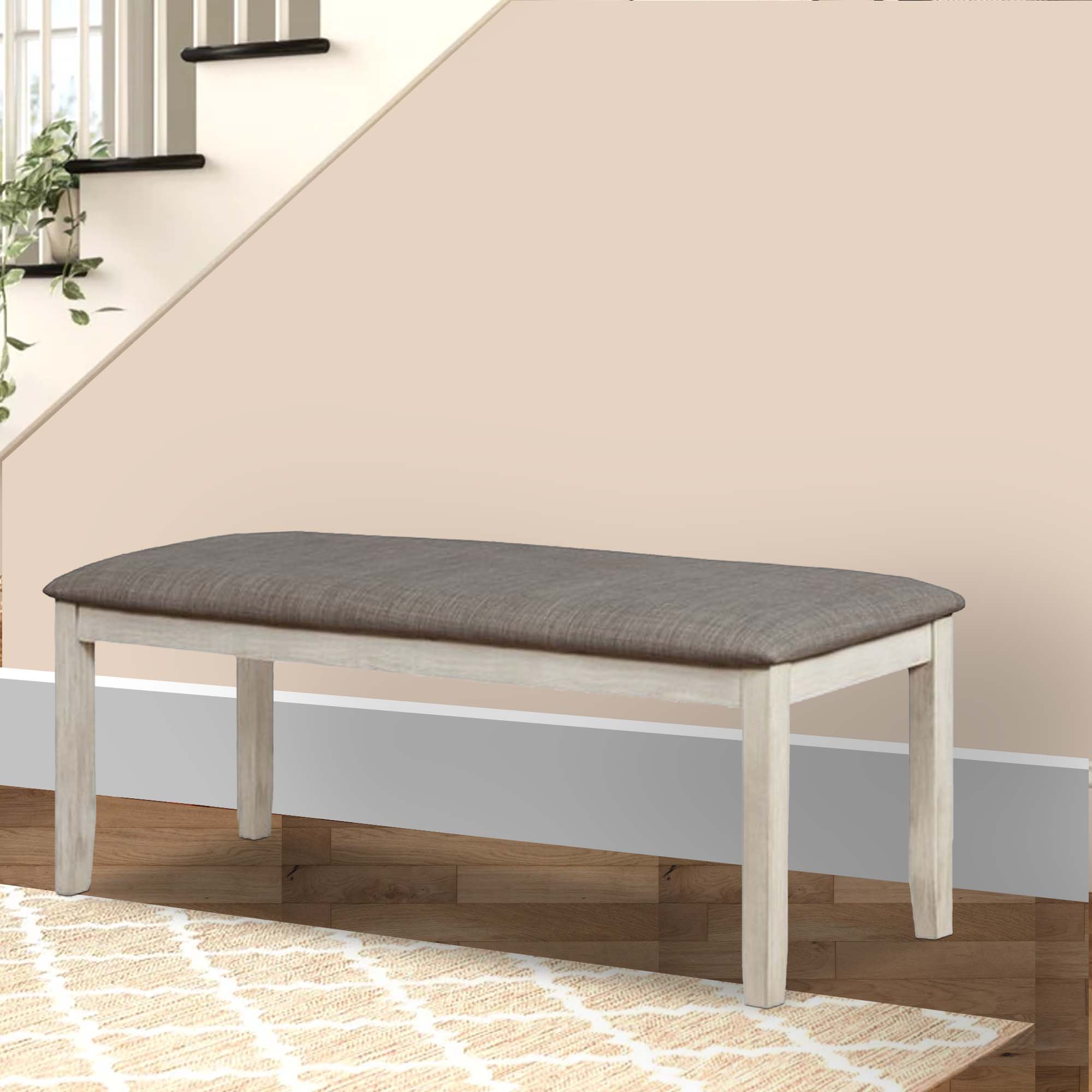 Benjara Wooden Bench with Fabric Upholstered Seat And Chamfered Legs,White And Gray