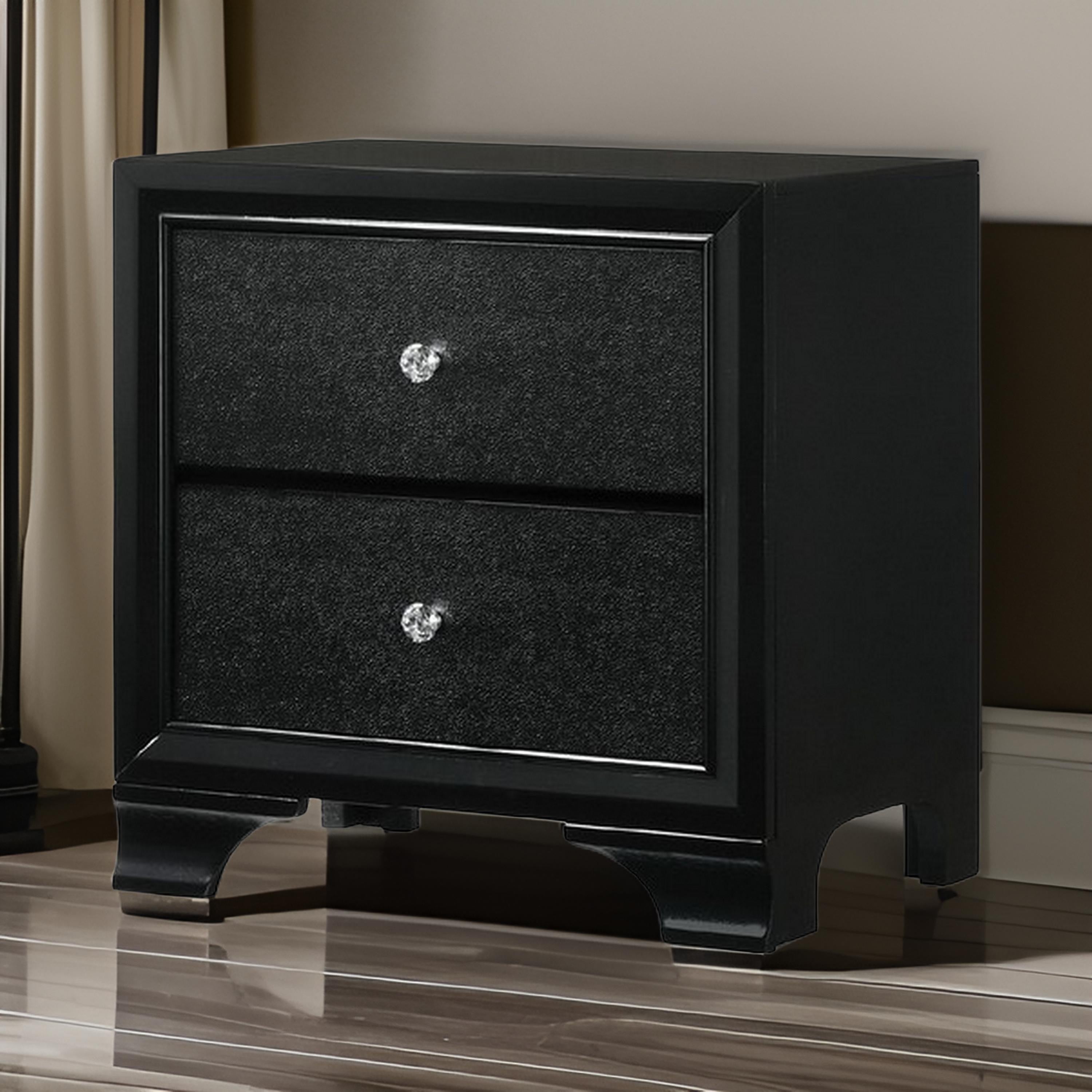 Benjara 2 Drawer Wooden Nightstand with Textured Details And Crystal Pulls, Black