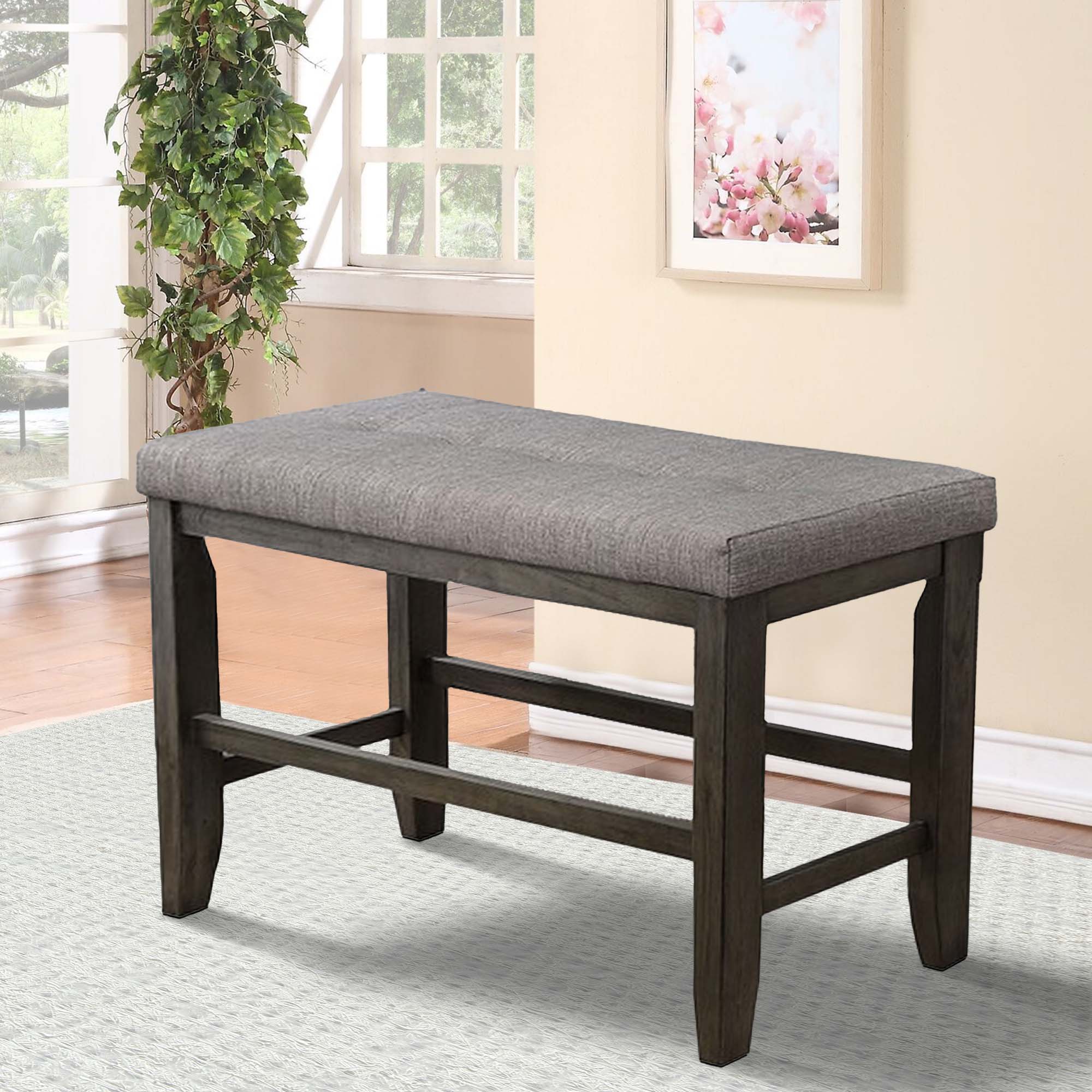 Benjara Wooden Counter Height Bench with Fabric Upholstered Seat, Brown And Gray