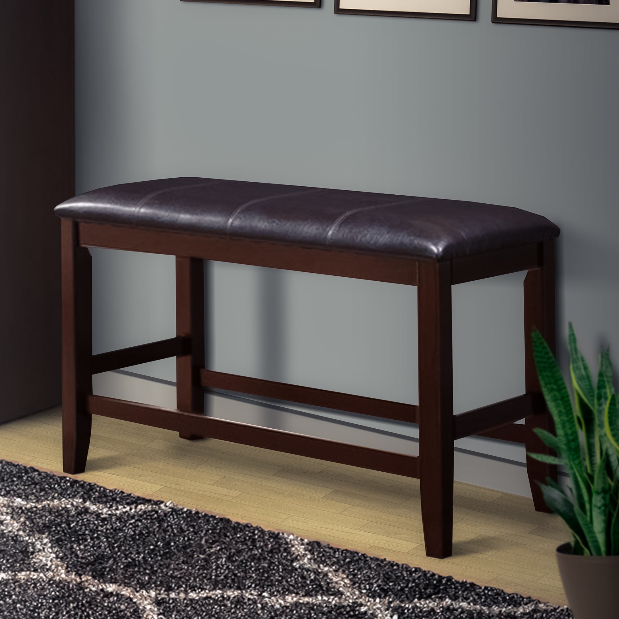 Benjara Wooden Counter Height Bench with Leatherette Seat, Brown And Black