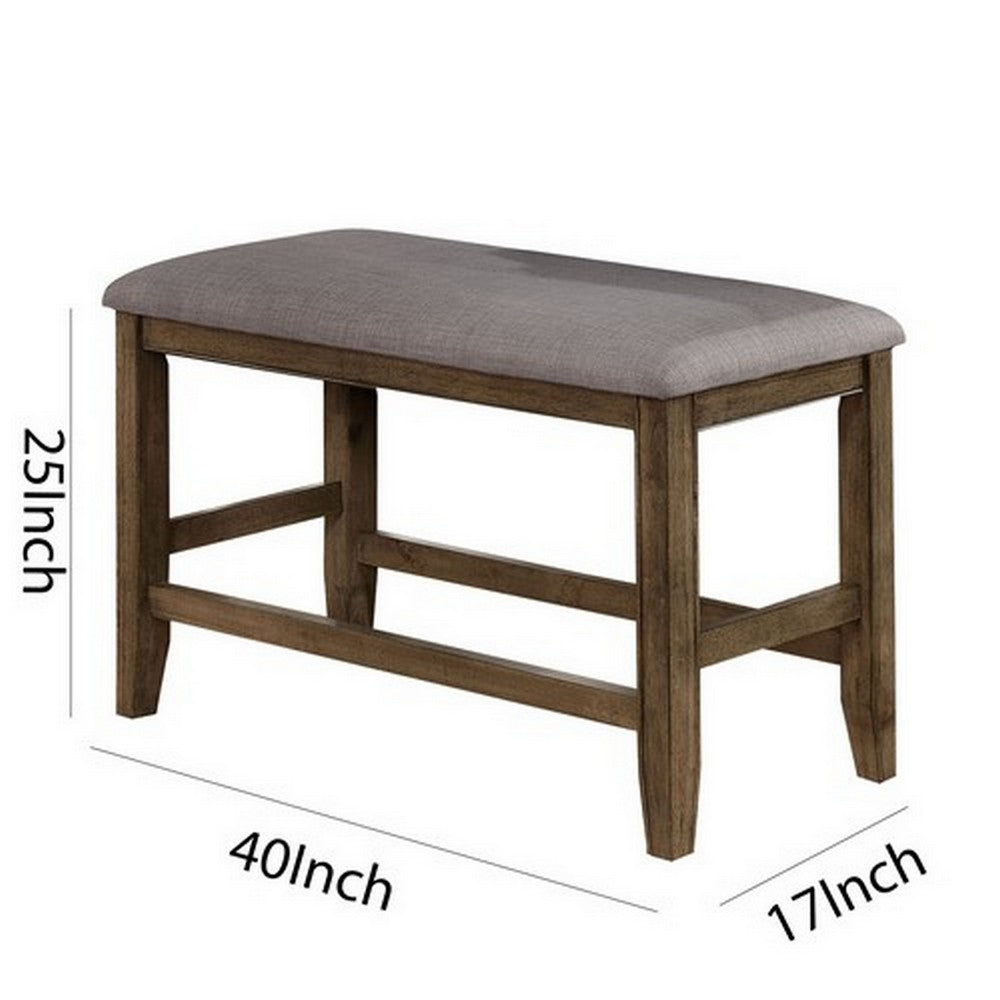 Benjara Counter Height Wooden Bench with Fabric Upholstered Seat, Brown And Gray