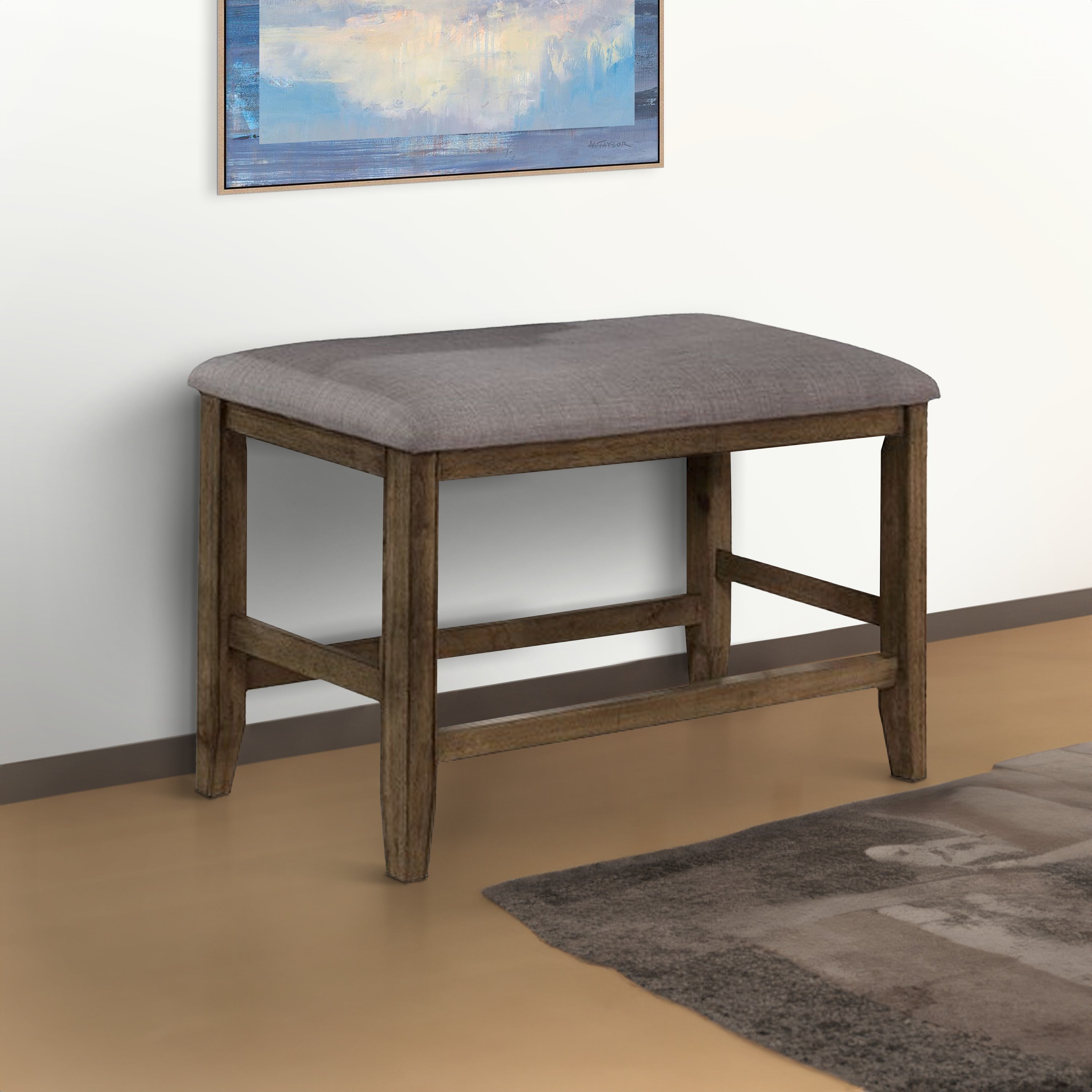 Benjara Counter Height Wooden Bench with Fabric Upholstered Seat, Brown And Gray