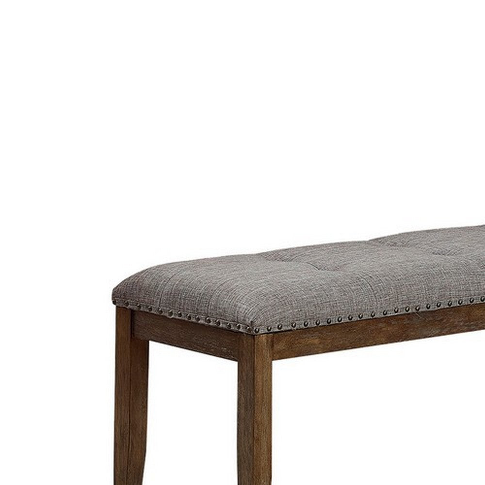 Benjara Nailhead Trim Fabric Upholstered Bench with Button Tufting, Brown And Gray