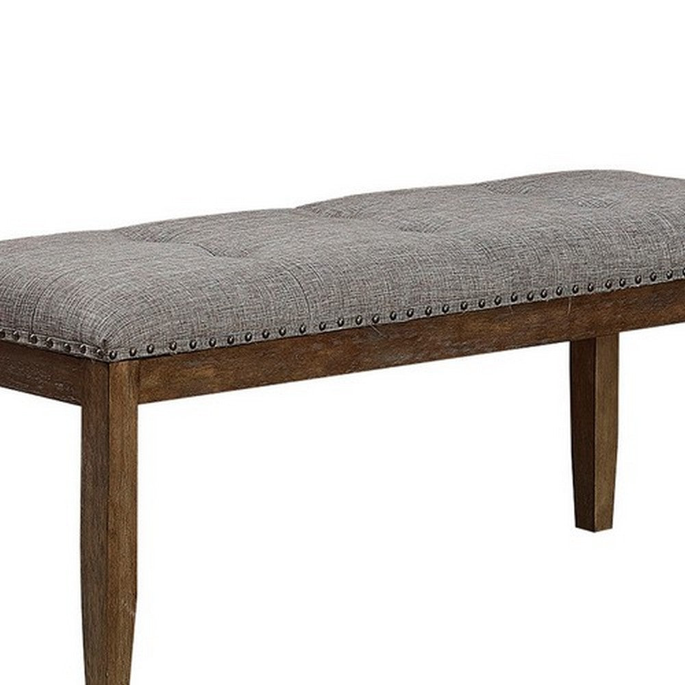 Benjara Nailhead Trim Fabric Upholstered Bench with Button Tufting, Brown And Gray