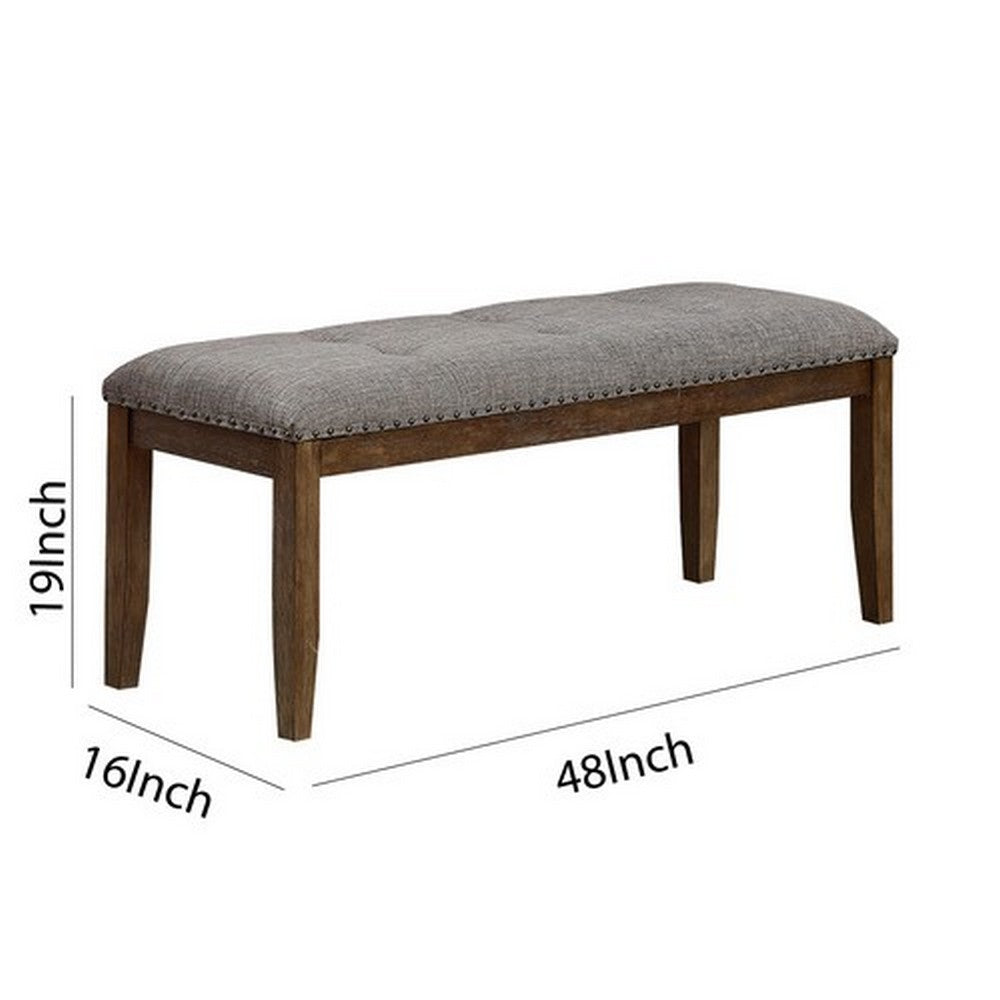 Benjara Nailhead Trim Fabric Upholstered Bench with Button Tufting, Brown And Gray