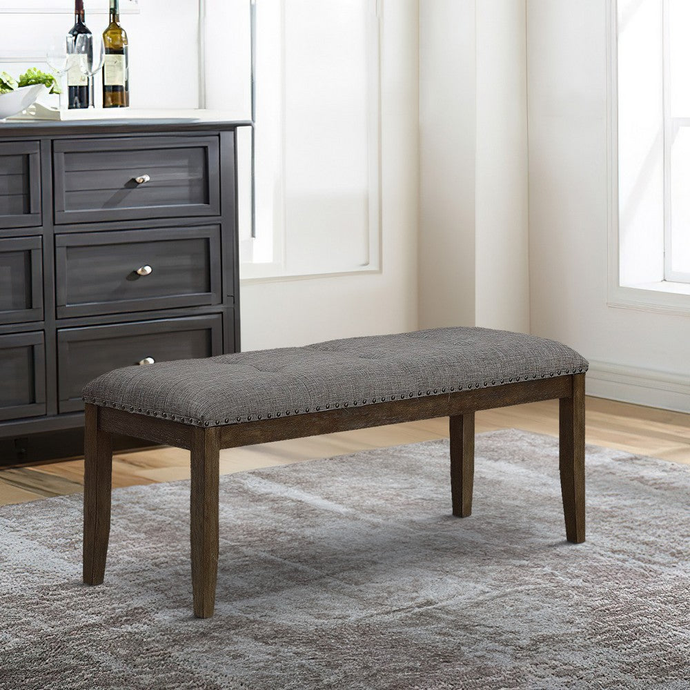 Benjara Nailhead Trim Fabric Upholstered Bench with Button Tufting, Brown And Gray