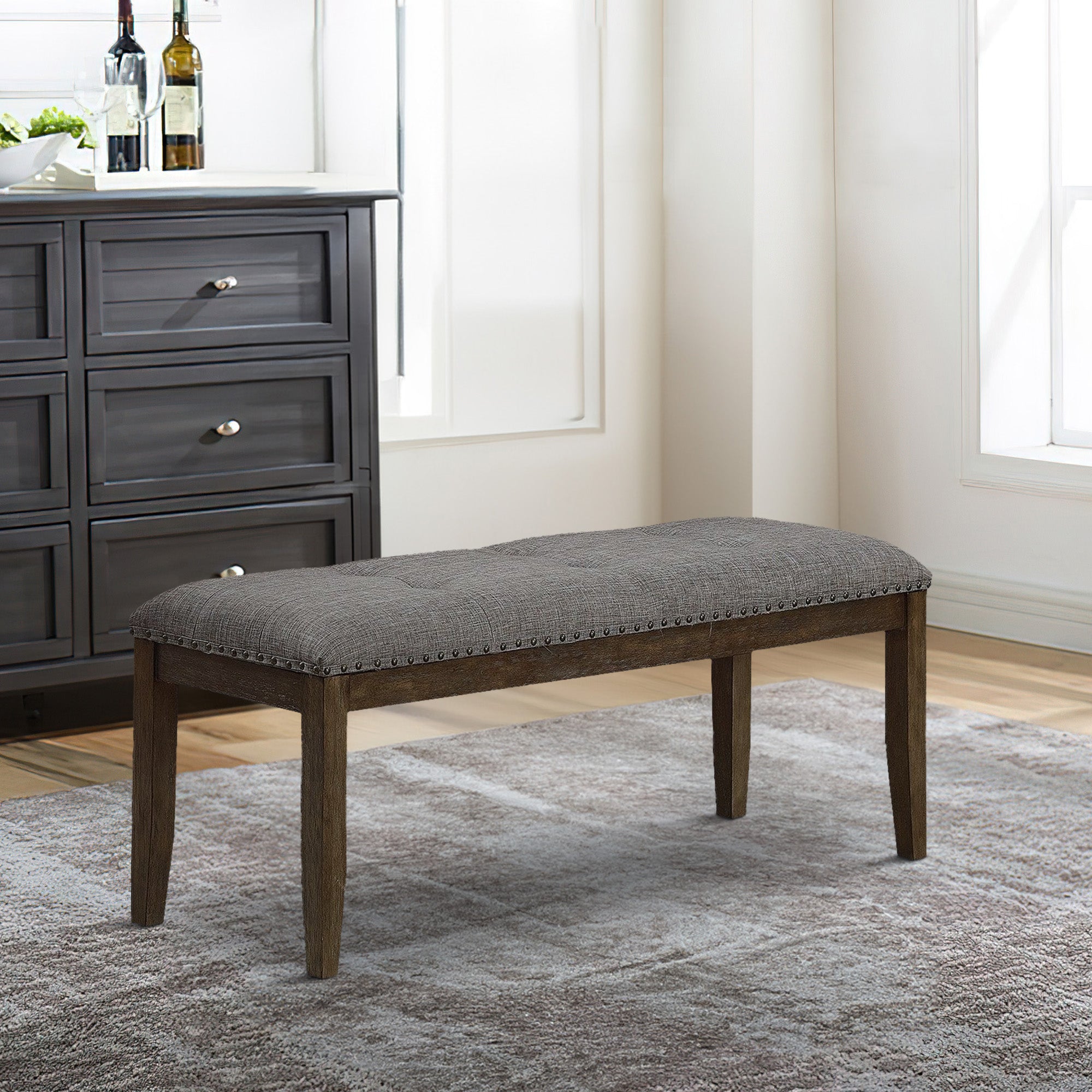 Benjara Nailhead Trim Fabric Upholstered Bench with Button Tufting, Brown And Gray