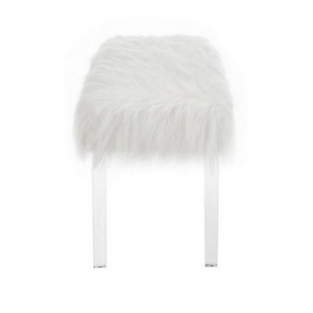 Benjara Contemporary Bench with Faux Fur Seat And Acrylic Legs, White And Clear