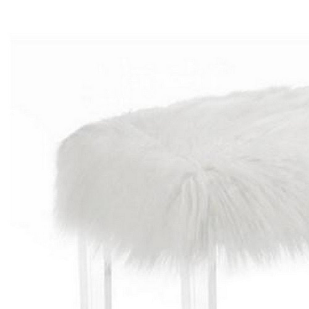 Benjara Contemporary Bench with Faux Fur Seat And Acrylic Legs, White And Clear