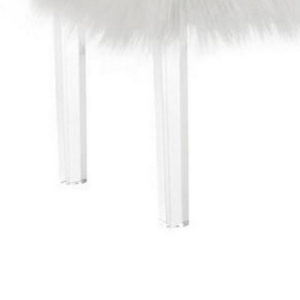 Benjara Contemporary Bench with Faux Fur Seat And Acrylic Legs, White And Clear