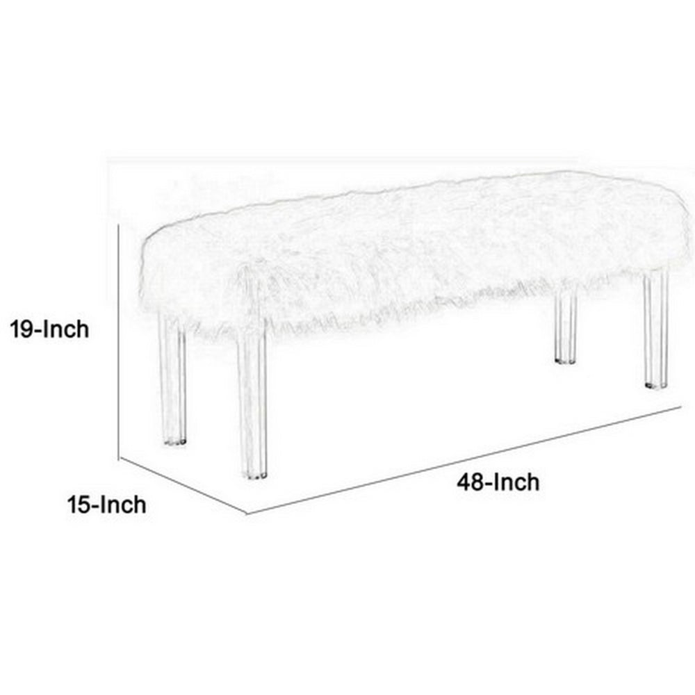 Benjara Contemporary Bench with Faux Fur Seat And Acrylic Legs, White And Clear