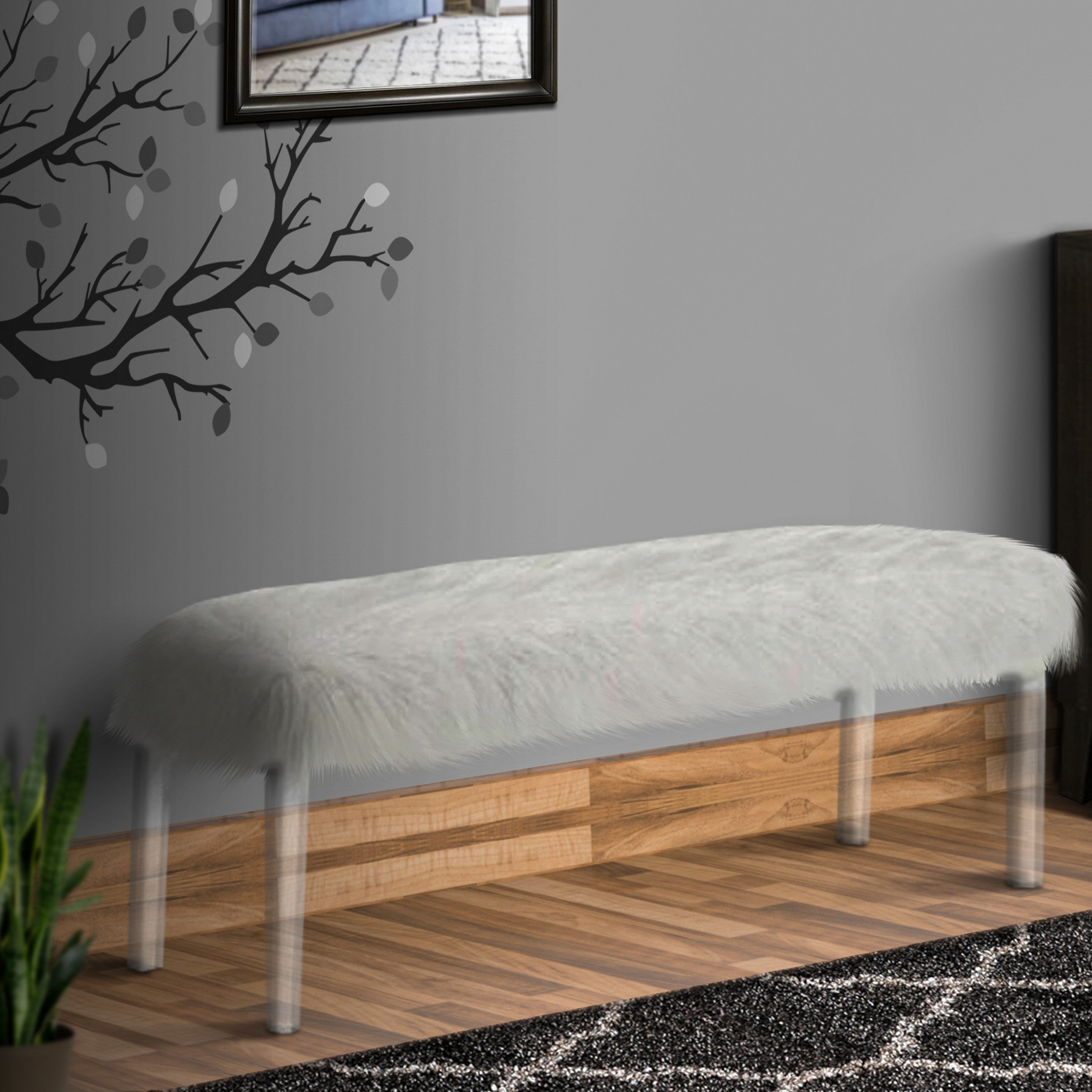 Benjara Contemporary Bench with Faux Fur Seat And Acrylic Legs, White And Clear