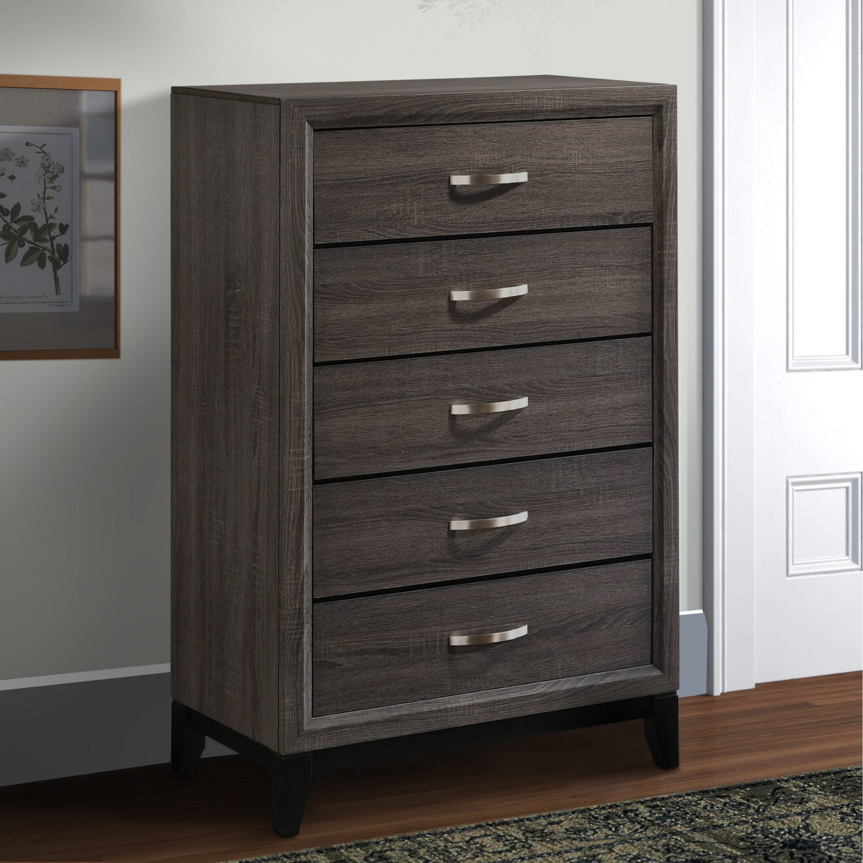 Benjara 5 Drawer Transitional Chest with Chamfered Feet And Curved Handles, Gray