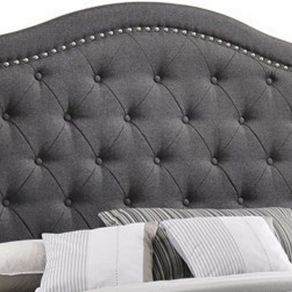 Benjara Fabric Upholstered Wooden Demi Wing Full Bed with Camelback Headboard, Gray