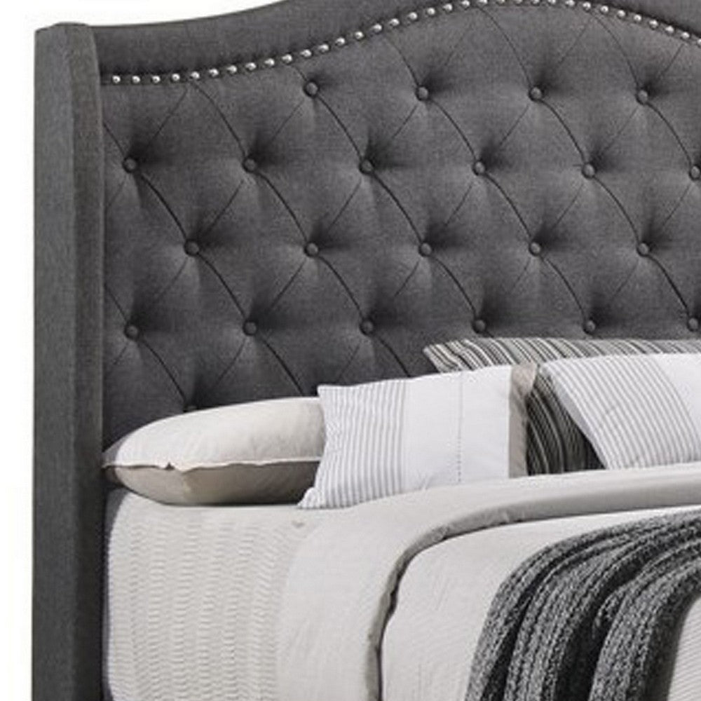Benjara Fabric Upholstered Wooden Demi Wing Full Bed with Camelback Headboard, Gray