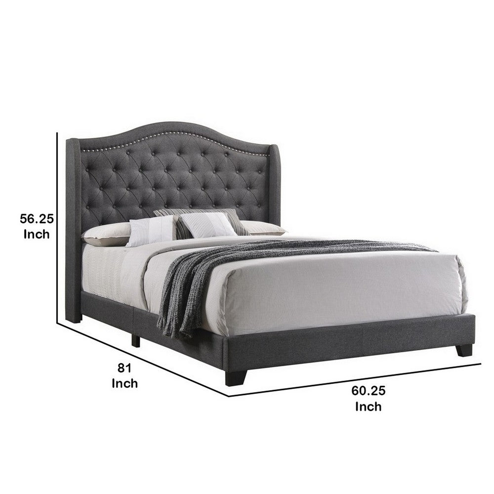 Benjara Fabric Upholstered Wooden Demi Wing Full Bed with Camelback Headboard, Gray