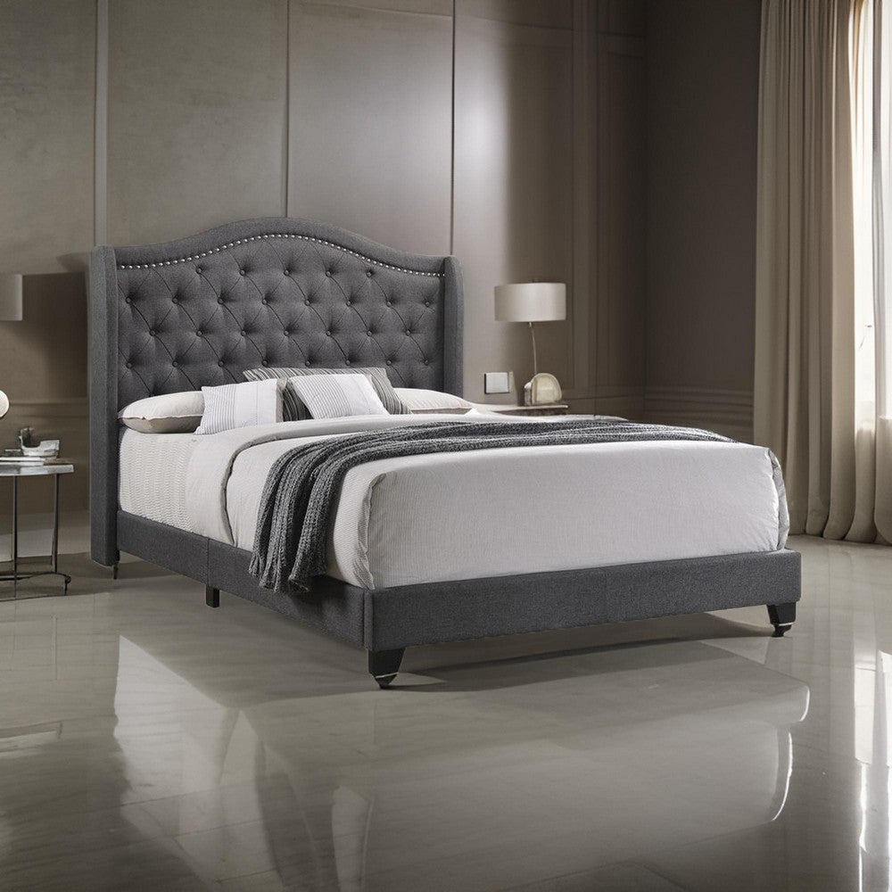 Benjara Fabric Upholstered Wooden Demi Wing Full Bed with Camelback Headboard, Gray