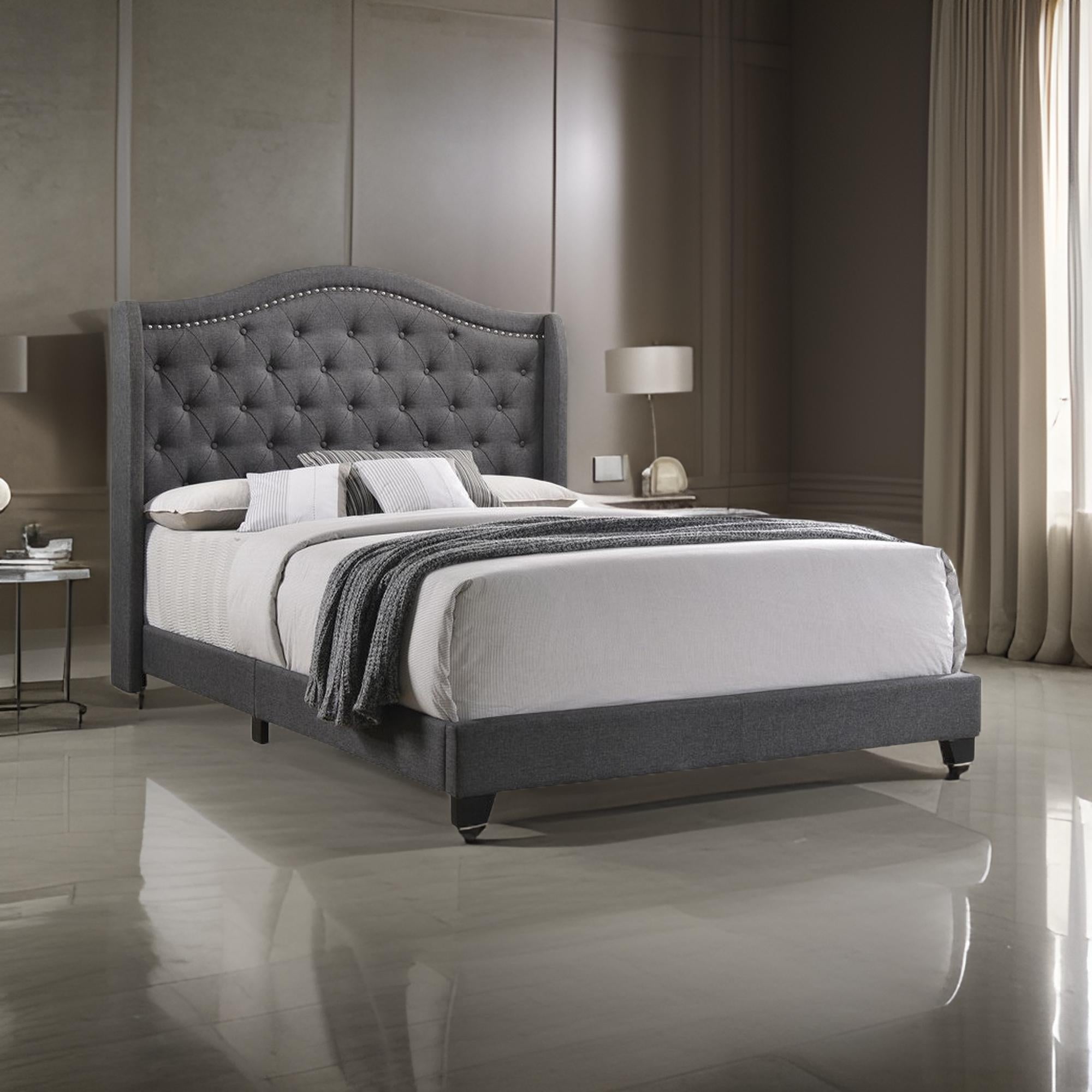 Benjara Fabric Upholstered Wooden Demi Wing Full Bed with Camelback Headboard, Gray