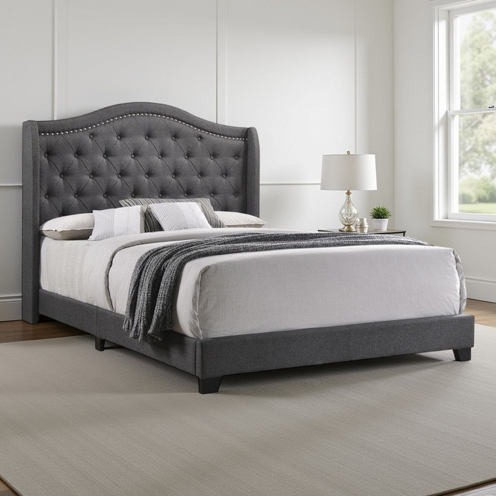 Benjara Fabric Upholstered Wooden Demi Wing Queen Bed with Camelback Headboard,Gray