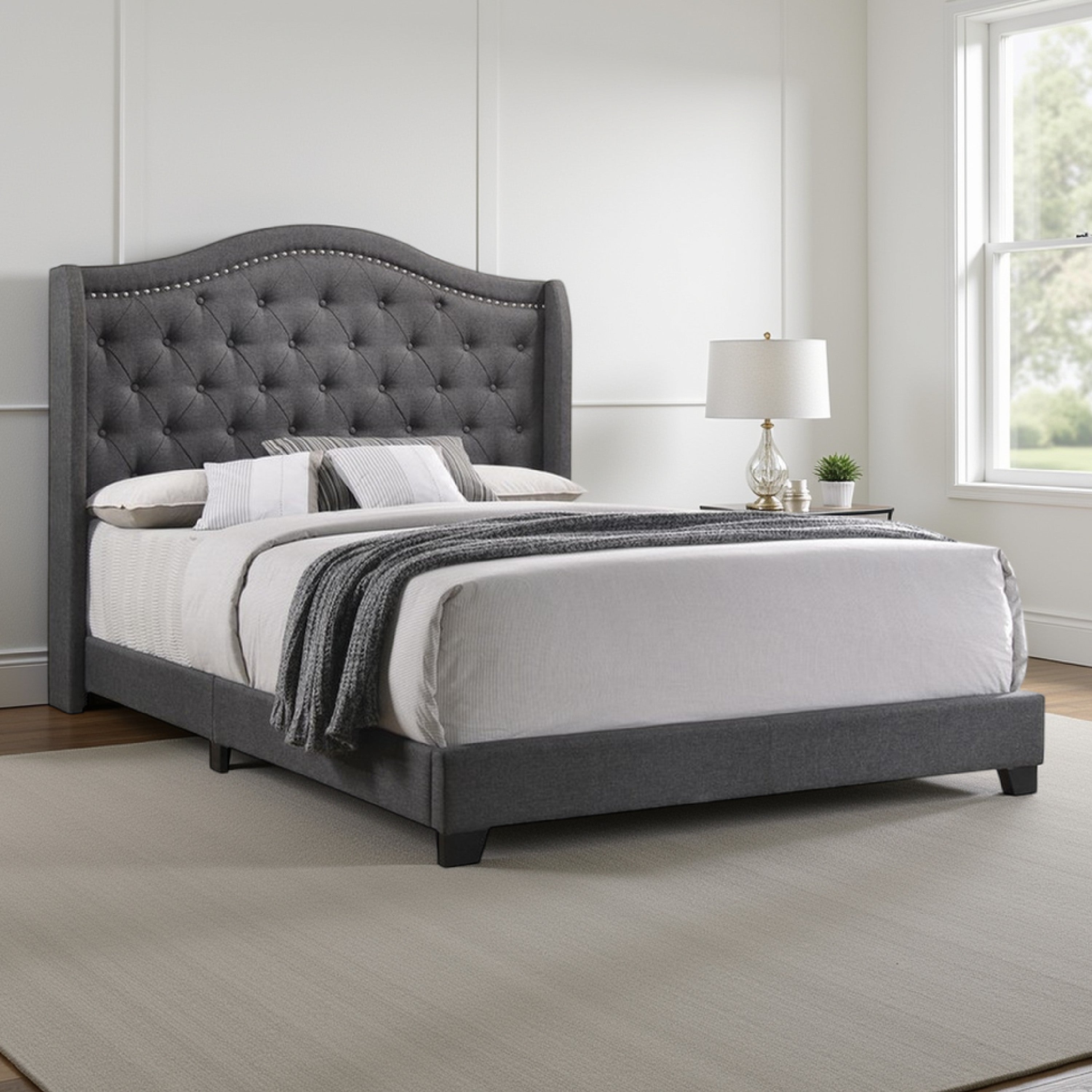 Benjara Fabric Upholstered Wooden Demi Wing Queen Bed with Camelback Headboard,Gray