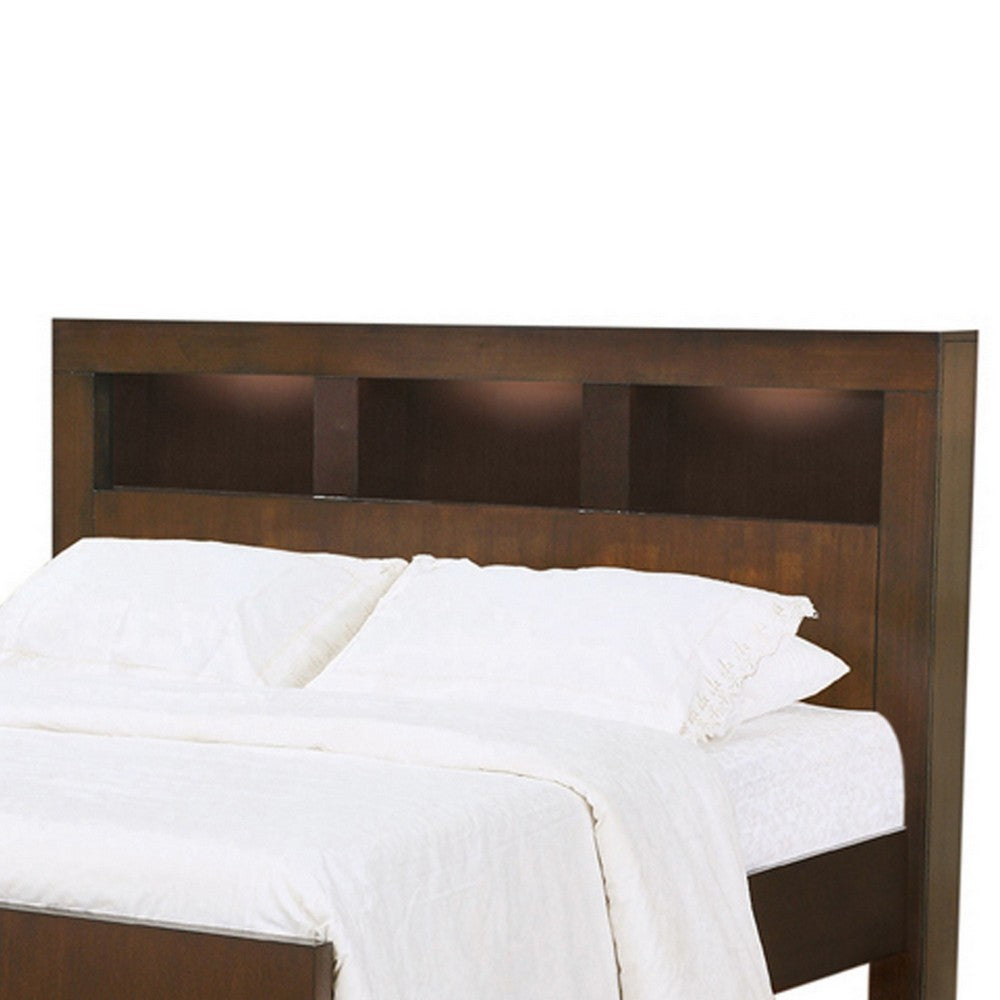 Benjara 3 Open Bookcase Eastern King Size Bed with Soft Light, Brown