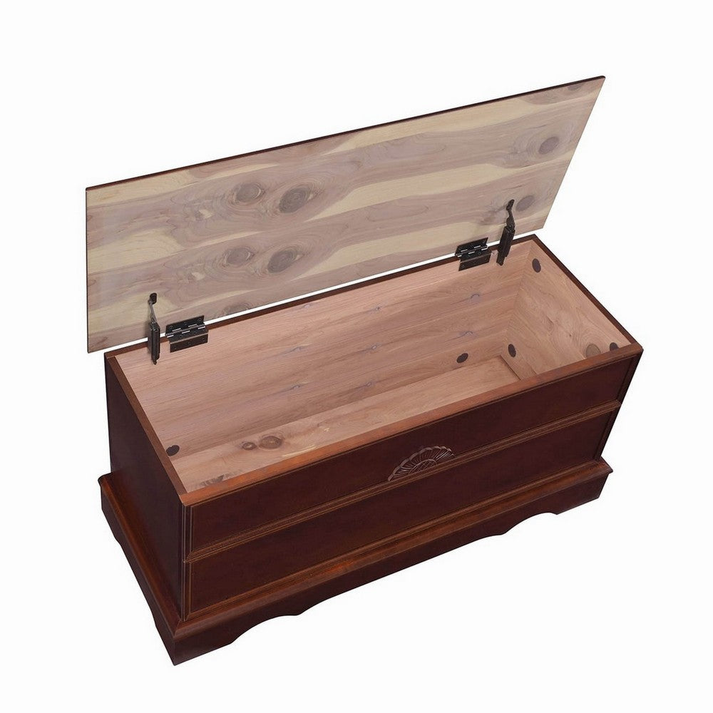 Benjara Traditional Style Lift Top Wooden Chest with Carved Details, Dark Brown