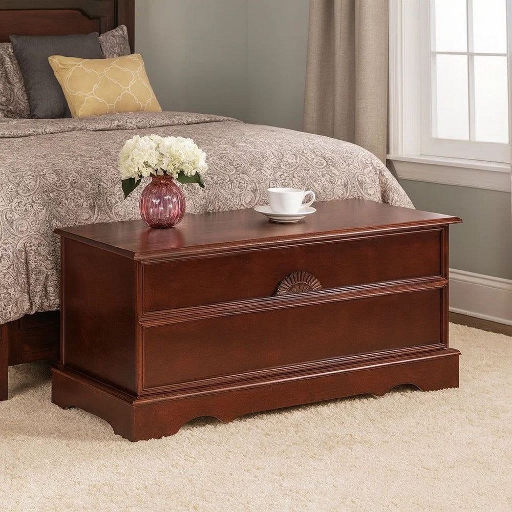 Benjara Traditional Style Lift Top Wooden Chest with Carved Details, Dark Brown