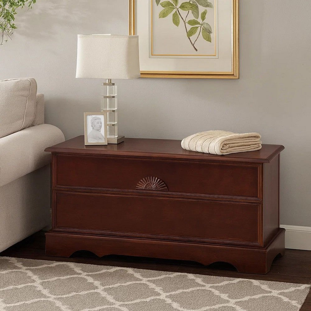 Benjara Traditional Style Lift Top Wooden Chest with Carved Details, Dark Brown