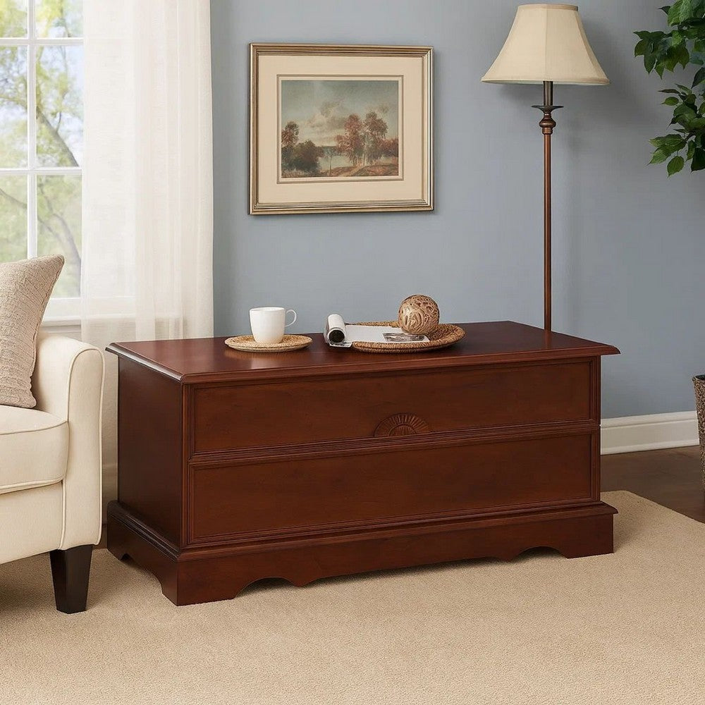 Benjara Traditional Style Lift Top Wooden Chest with Carved Details, Dark Brown