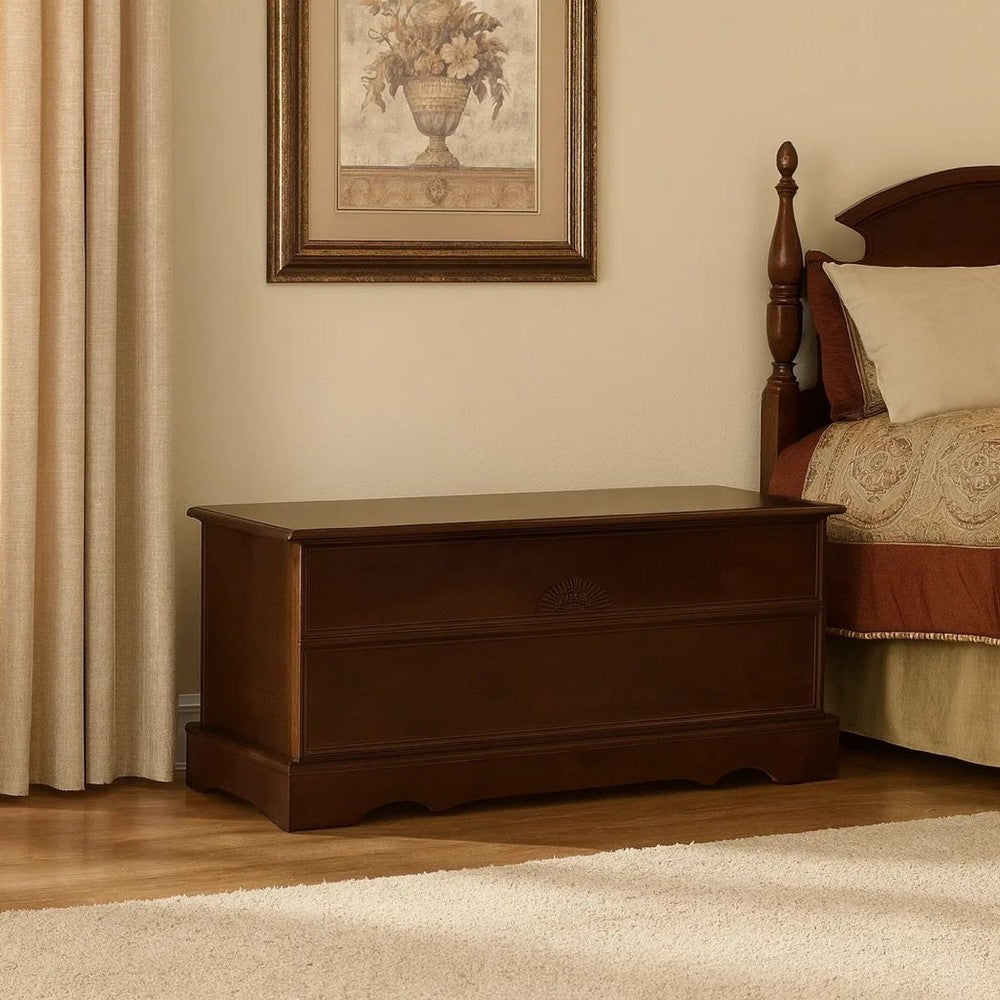Benjara Traditional Style Lift Top Wooden Chest with Carved Details, Dark Brown