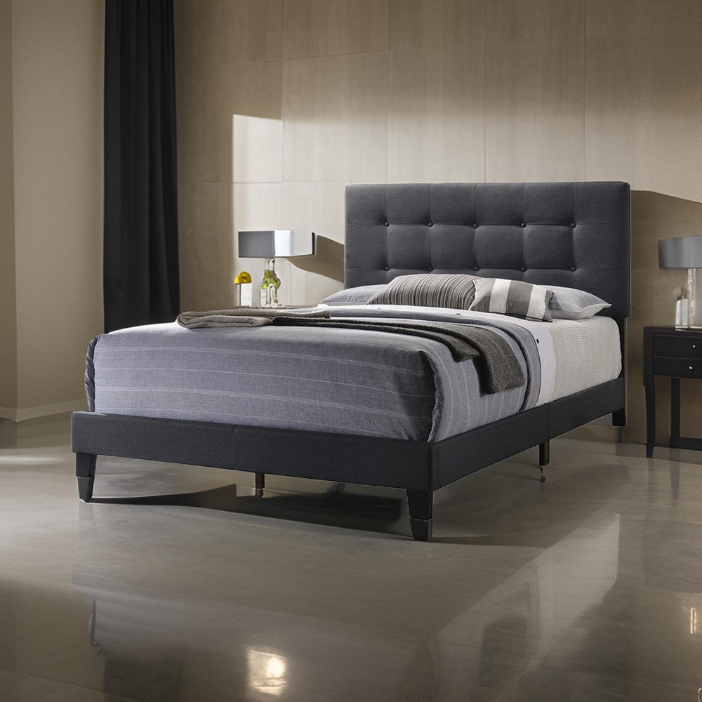 Benjara Full Size Bed with Square Button Tufted Headboard, Dark Gray